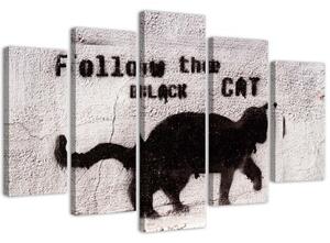 Obraz na plátně pětidílný Černá kočka textura betonu - 100x70 cm
