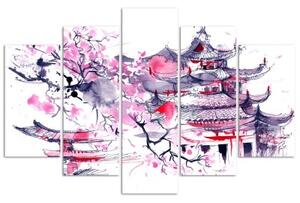 Obraz na plátně pětidílný Japonsko růžová krajina - 100x70 cm