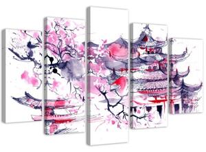 Obraz na plátně pětidílný Japonsko růžová krajina - 200x100 cm