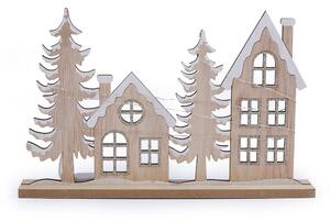 Dřevěná dekorace zimní domečky svítící LED - přírodní stř