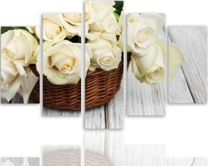 Obraz na plátně pětidílný Bílé růže Přírodní květiny - 150x100 cm