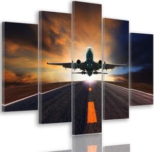 Obraz na plátně pětidílný Letadlo při západu slunce - 150x100 cm
