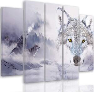 Obraz na plátně pětidílný Wolf Fog Forest Grey - 150x100 cm