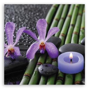 Obraz na plátně, Bambusové květiny Zen lázeňská svíčka - 40x40 cm