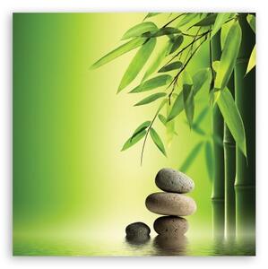 Obraz na plátně, Zen a bambusové kameny na zeleném pozadí - 30x30 cm
