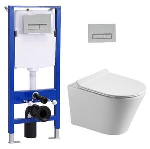 Sada předstěnových WC prvků + závěsné WC bez okraje + skryté splachovadlo 114 cm s obdélníkovou chromovanou deskou HOROW