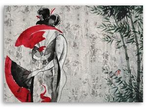 Obraz na plátně, Japonská gejha s ventilátorem - 60x40 cm