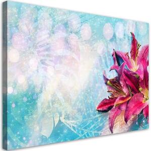 Obraz na plátně, Růžové květy na modrém pozadí - 90x60 cm