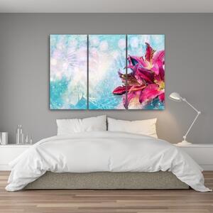 Obraz na plátně třídílný, Růžové květy na modrém pozadí - 60x40 cm