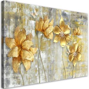 Obraz na plátně, Zlaté květiny a motýli - 90x60 cm