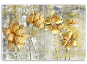 Obraz na plátně, Zlaté květiny a motýli - 120x80 cm