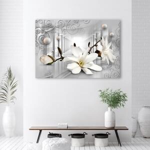 Obraz na plátně, Květiny v tunelu a stříbrných 3D koulích - 60x40 cm