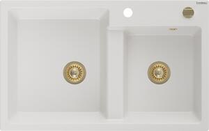 MEXEN/S - Tomas granitový dřez 2-bowl 800x500 mm, bílá, + zlatý sifon 6516802000-20-G
