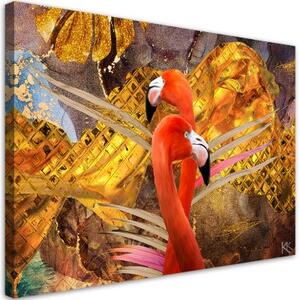 Obraz na plátně, Flamings na pozadí zlata - 90x60 cm