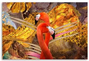 Obraz na plátně, Flamings na pozadí zlata - 60x40 cm