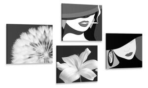 Set obrazů dámy v černobílém provedení - 4x 40x40 cm