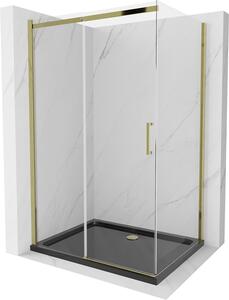 Mexen Omega, sprchový kout s posuvnými dveřmi 100 (dveře) x 90 (stěna) cm, 8mm čiré sklo, zlatý profil + slim sprchová vanička černá + zlatý sifon, 825-100-090-50-00-4070G