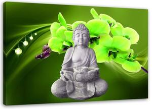 Obraz na plátně DECOR Sedící Buddha Zelený květ - 90x60 cm