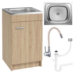 Stamar | Kuchyňská skříňka, s dřezem, dub Sonoma, 50 cm, Slim, s baterií a sifonem, click clack
