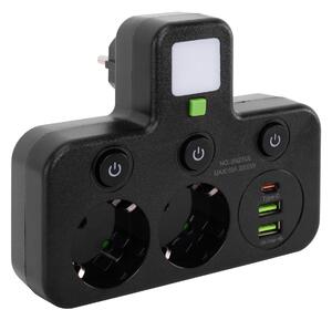 Toolight Toolight, JNH017, zásuvkový rozbočovač 2 zásuvky + 2× USB-A + USB-C s LED světlem, černá, OSW-56308