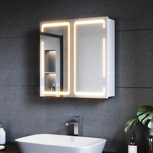 SONNI Kovová zrcadlová skříňka s LED osvětlením 59x60x14 cm,stmívatelný dvoudotykový spínač,2 dvířka,bezdrátová konstrukce závěsů,nástěnná skříňka,koupelnová skříňka