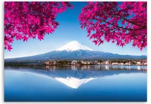 Obraz na plátně Horské jezero Fuji růžové listy - 90x60 cm