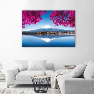 Obraz na plátně Horské jezero Fuji růžové listy - 60x40 cm