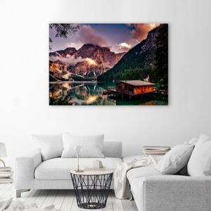 Obraz na plátně Chata u horského jezera - 60x40 cm