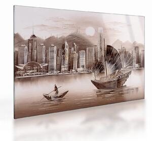 Skleněný obraz - Victoria Harbor, Hong Kong, sépiový efekt (70x50 cm)