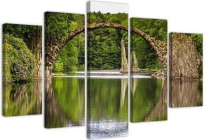 Obraz na plátně pětidílný Obloukový most přes jezero - 150x100 cm