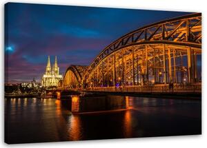Obraz na plátně Kolín nad Rýnem Hohenzollernský most a katedrála v noci - 100x70 cm