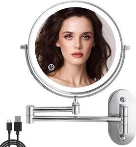 Kosmetické zrcátko s nastavitelným LED osvětlením – 1×/10× zvětšení – dobíjitelné přes USB – otočné o 360° – montáž na zeď – ideální do koupelny, wellness a hotelu – zrcátko na holení (nástěnný model)