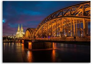 Obraz na plátně Kolín nad Rýnem Hohenzollernský most a katedrála v noci - 60x40 cm