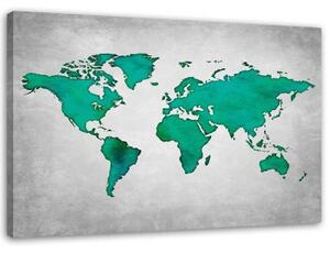 Obraz na plátně Mapa světa Tyrkysová - 100x70 cm