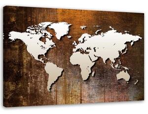 Obraz na plátně Mapa světa Kovová hnědá - 120x80 cm