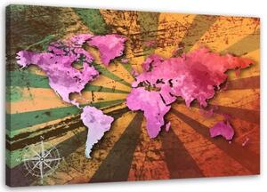 Obraz na plátně Růžová retro mapa světa - 60x40 cm