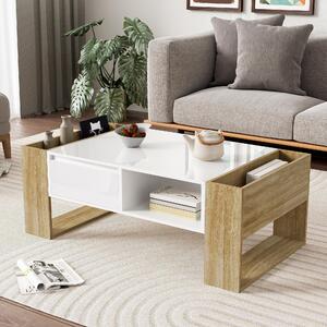 Moderní konferenční stolek 105 x 60 x 40 cm - se zásuvkami - otevřené přihrádky - bílá + příroda