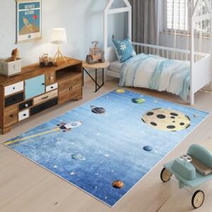 Makro Abra Dětský kusový koberec vhodný k praní BAMBINO 2698 Vesmír Raketa Planety pogumovaný modrý Rozměr: 80x150 cm