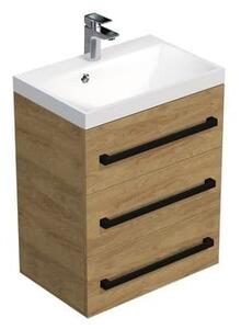 Koupelnová skříňka s černou úchytkou a umyvadlem SAT Cube Way 60x76,5x40 cm dub Hickory mat CUBE2C603DH