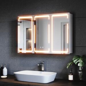 SONNI kovová zrcadlová skříňka s tříbarevným LED osvětlením 90x60x14 cm, stmívatelný dvoudotykový spínač, 3 dveře, bezdrátová konstrukce závěsů nástěnná skříňka