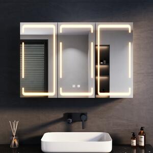 SONNI kovová zrcadlová skříňka s tříbarevným LED osvětlením 90x60x14 cm, stmívatelný dvoudotykový spínač, 3 dveře, bezdrátová konstrukce závěsů nástěnná skříňka
