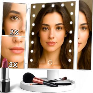 Kosmetické zrcátko třípanelové s LED osvětlením Kosmetické Make-Up zrcátko s dotykovým ovládáním intenzity osvětlení 3 barvy světla 3x 2x, 16x Retoo