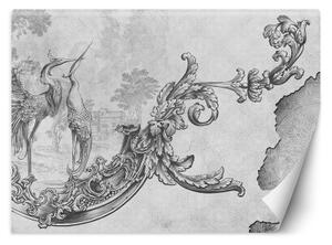 Fototapeta, Divocí ptáci a listy na orientální fresce černobíle - 450x315 cm