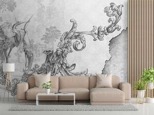 Fototapeta, Divocí ptáci a listy na orientální fresce černobíle - 450x315 cm