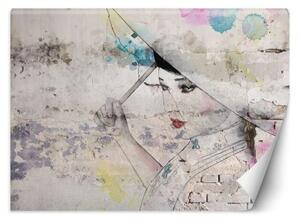 Fototapeta, Gejša s deštníkem Betonová zeď - 150x105 cm