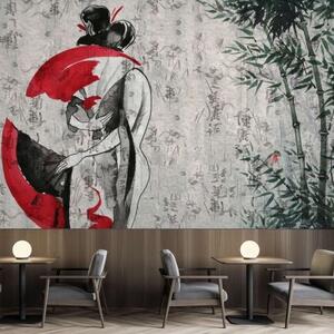 Fototapeta, Japonská gejša s vějířem Abstraktní - 100x70 cm