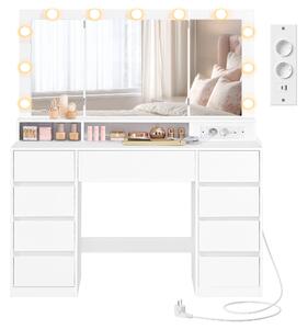 Toaletní stolek VASAGLE s osvětlením LED, toaletní stolek se sklopným zrcadlem, zásuvkami, nastavitelnými barvami světla, bílý