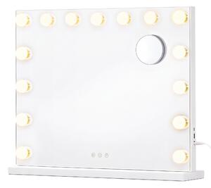 SONGMICS Zrcadlo na líčení s osvětlením, s regulací jasu, 15 LED diod, 3 barevné režimy, 10x zvětšení, rozměry 48 x 58 x 5,7 cm, bílá barva