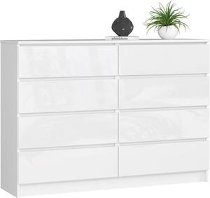 BDW, komoda s 8 zásuvkami, 138x40x99 cm, K140, bílý vysoký lesk