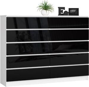 BDW, komoda s 10 zásuvkami, 160 × 40 × 121 cm, K160, bílá / erná vysoký lesk